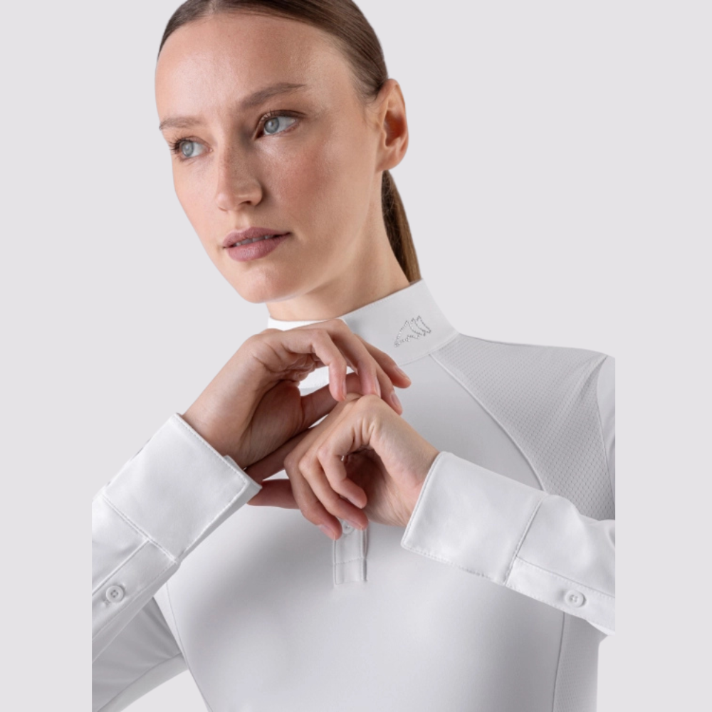 Ladies Ghitak Long Sleeve Show Shirt With Mesh Panels - White