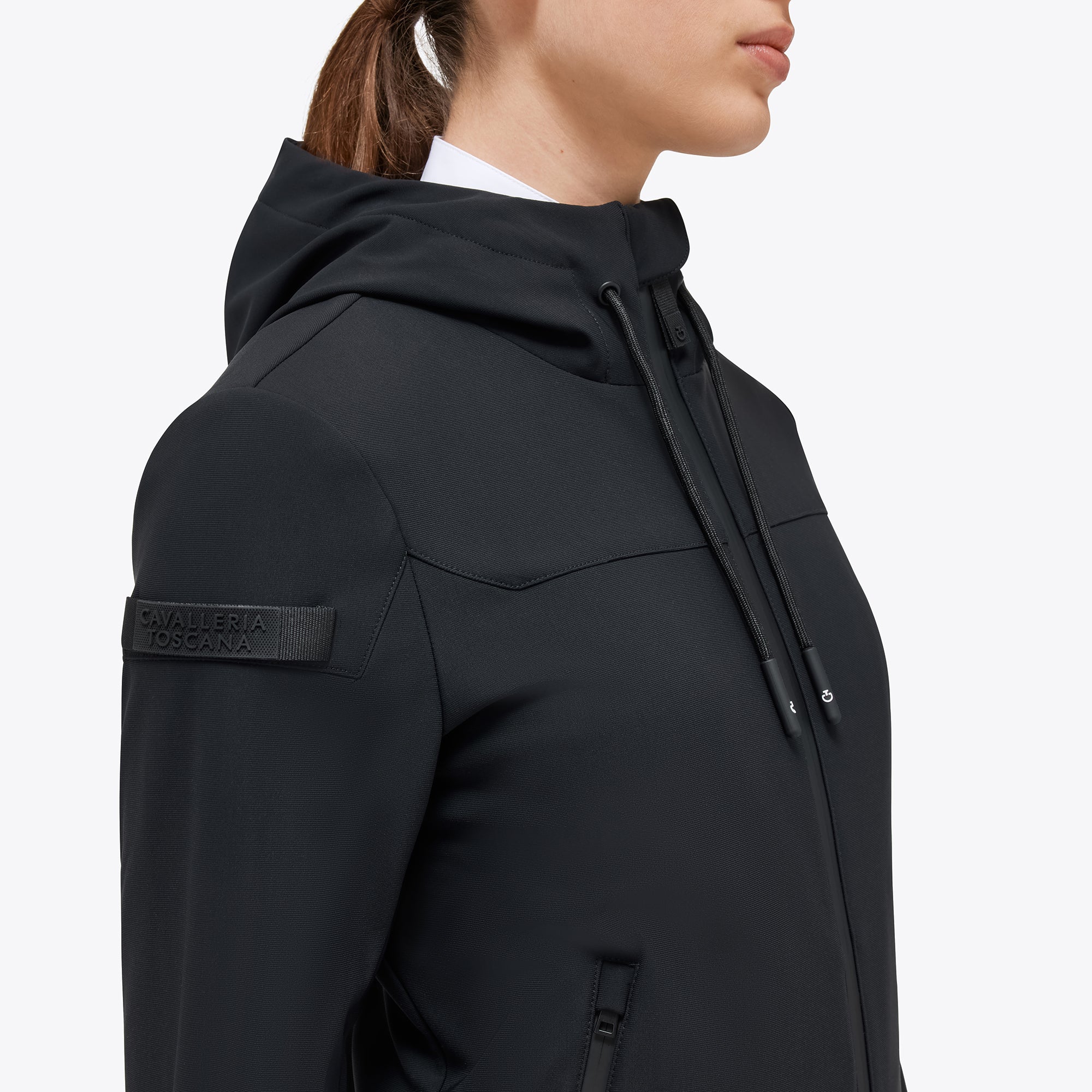 Ladies Jersey & Velvet Hooded Softshell Coat - Black (LAST ONE - LARGE)