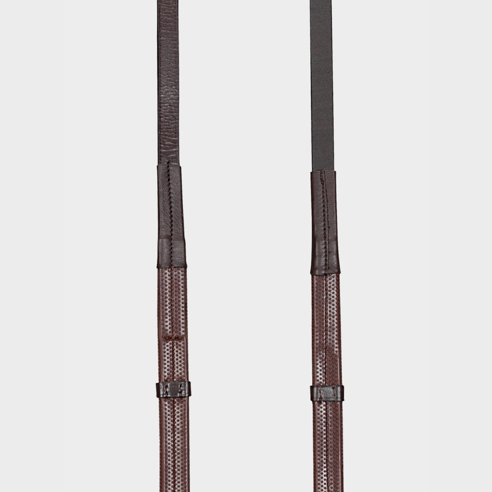 Rubber Grip Reins With 7 Leather Stops & Martingale Stoppers - Brown