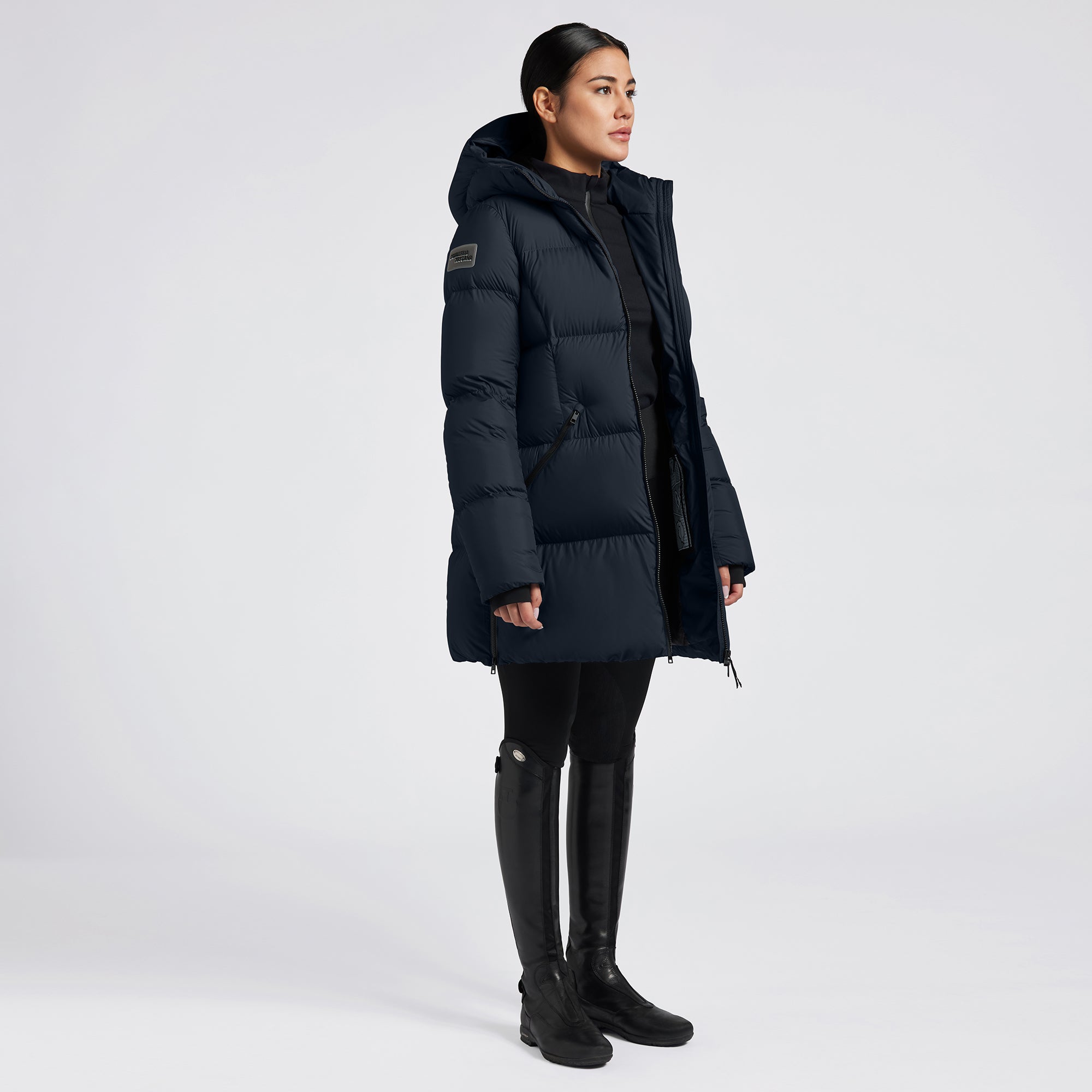 Ladies CT Long Hooded Down Padded Coat - Navy