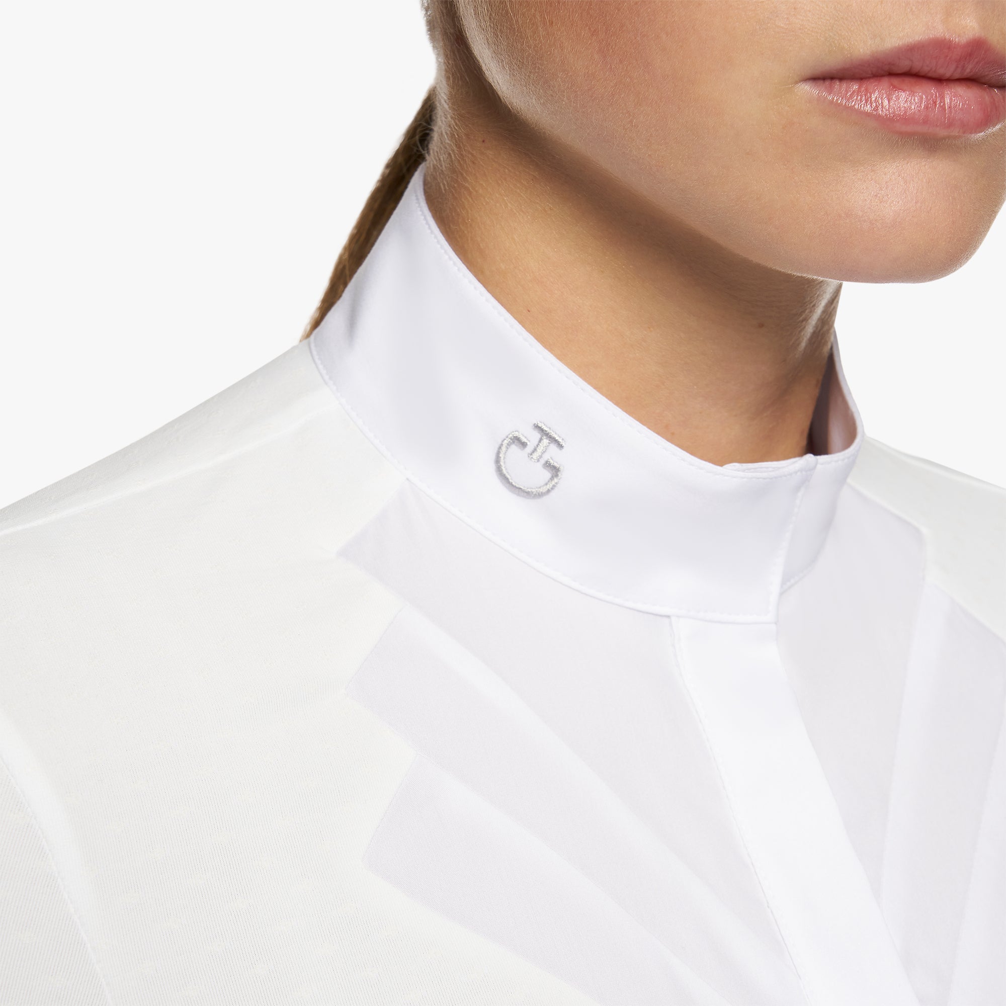 product shot image of the Ladies Fan Bib Swiss Dot L/S Show Shirt - White
